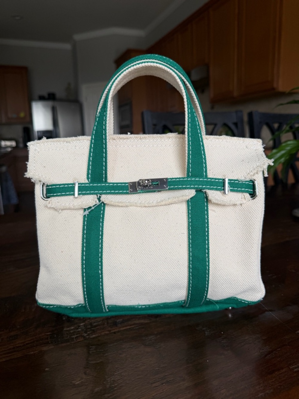 Mini Boatkin Canvas Raw Edge Small Bag with Green Trim